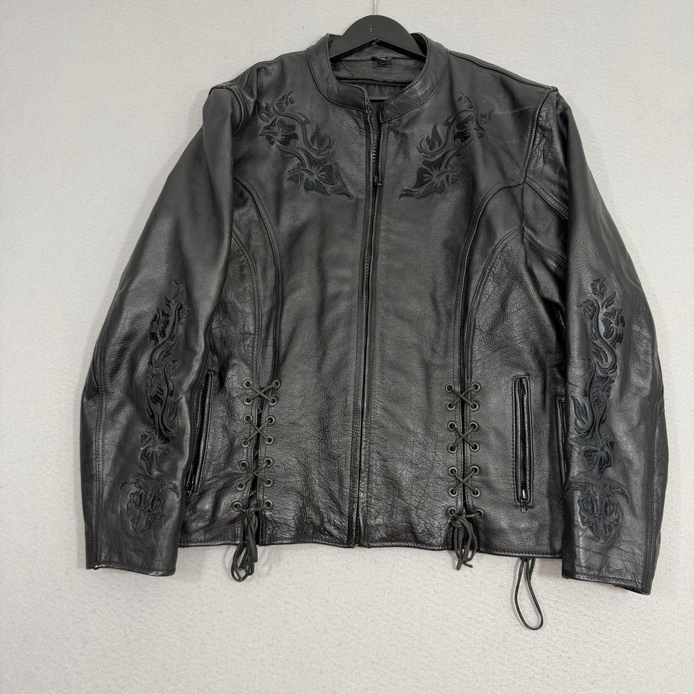 Vintage Leather Motorcycle Jacket Womens 2XL Black Biker Floral Embroidered Lace